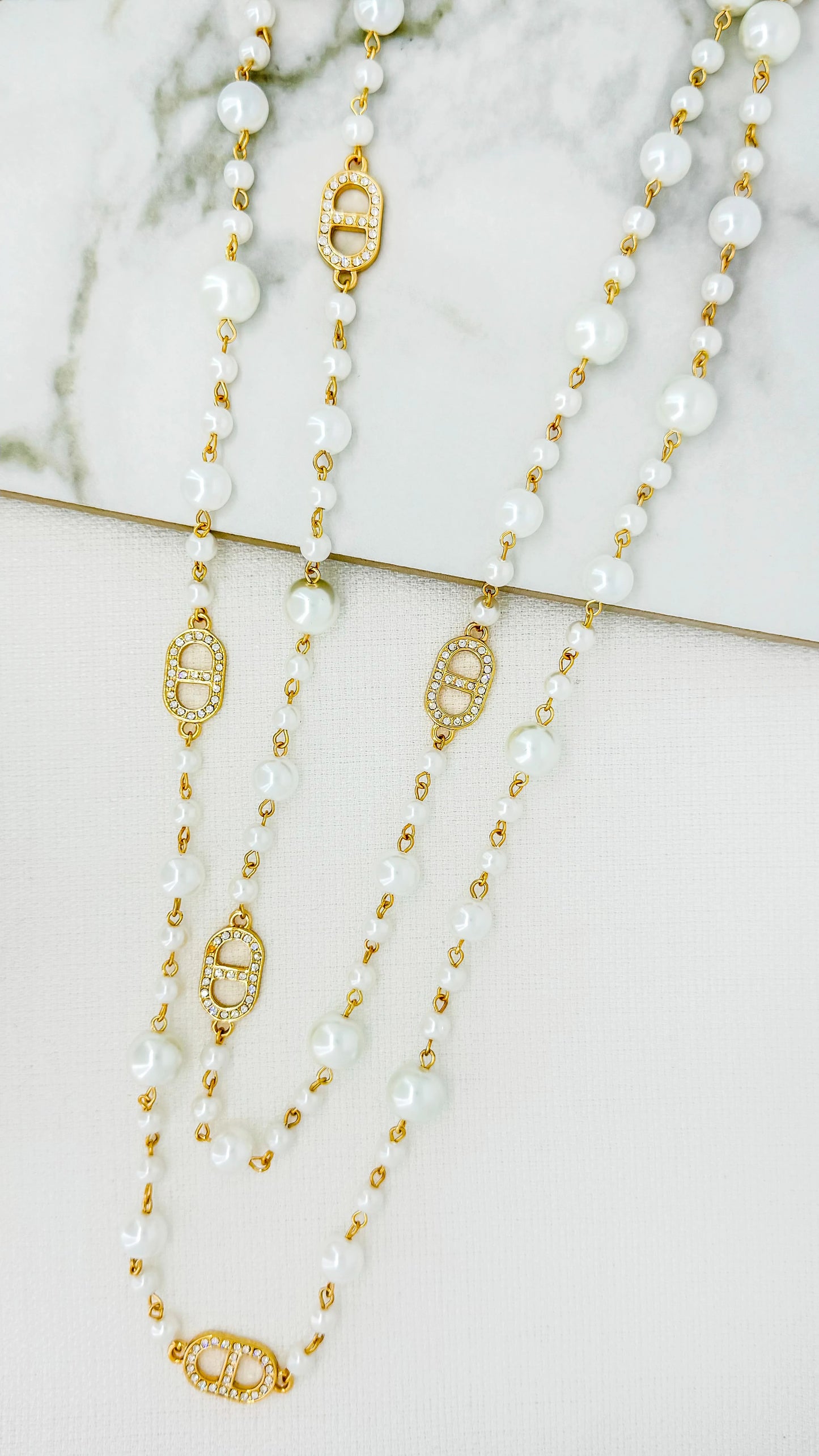 Envy Long Gold and Pearl Necklace with Diamante Oval Links
