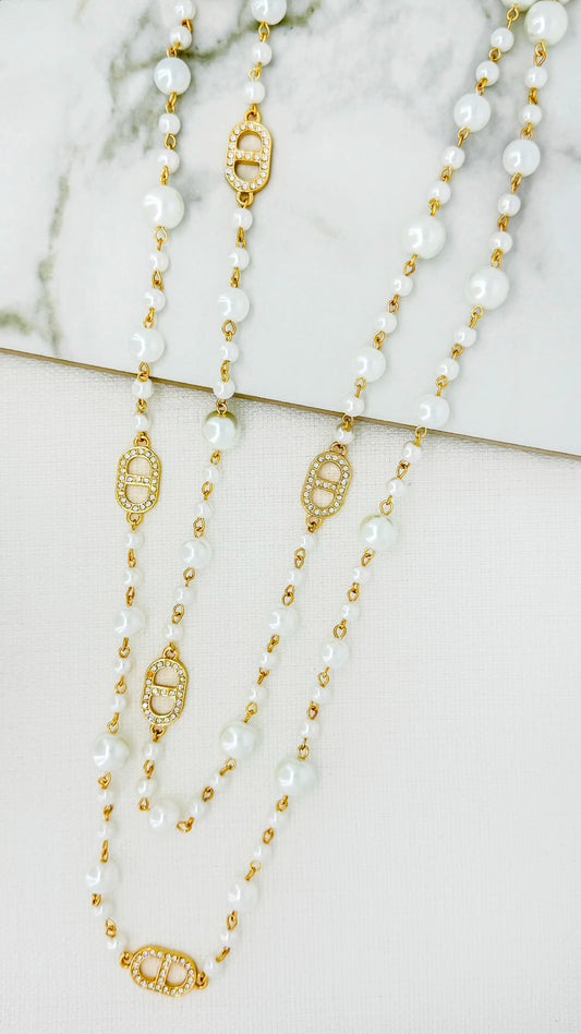 Envy Long Gold and Pearl Necklace with Diamante Oval Links