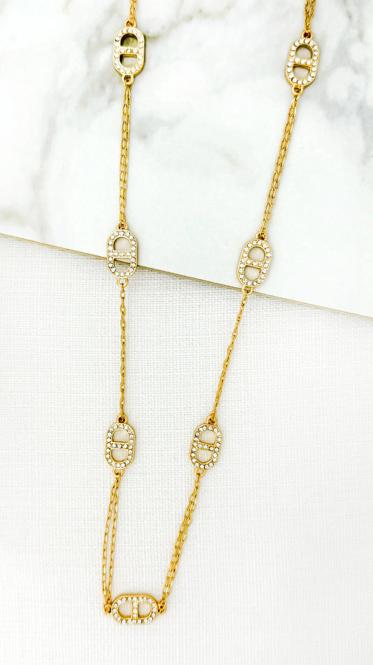 Envy Long Gold Necklace with Oval Diamante Detail