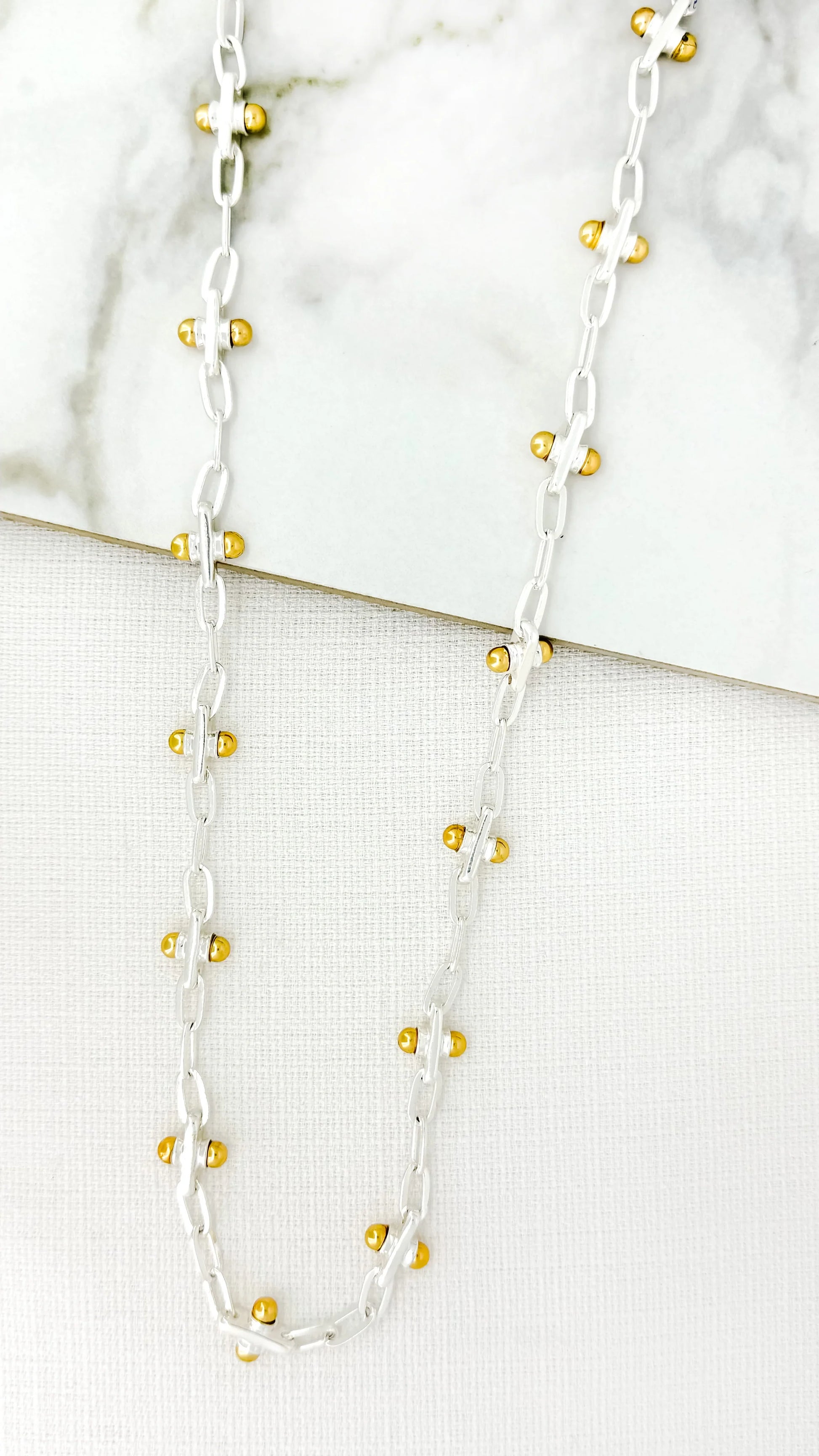 Envy Long Silver Chain Necklace with Gold Ball Detail