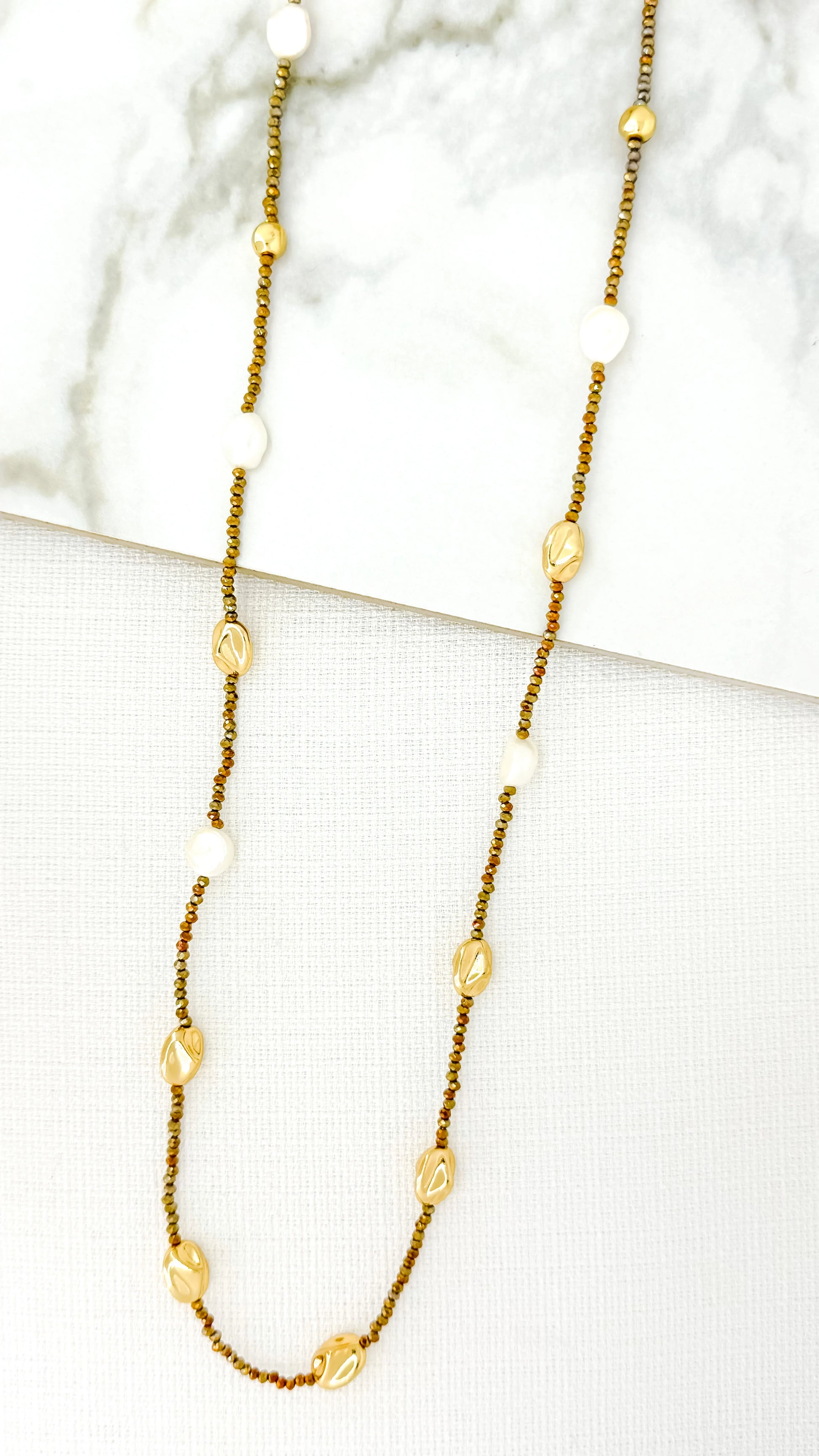 Envy Long Bronze Crystal Necklace with Gold and Pearl Nuggets