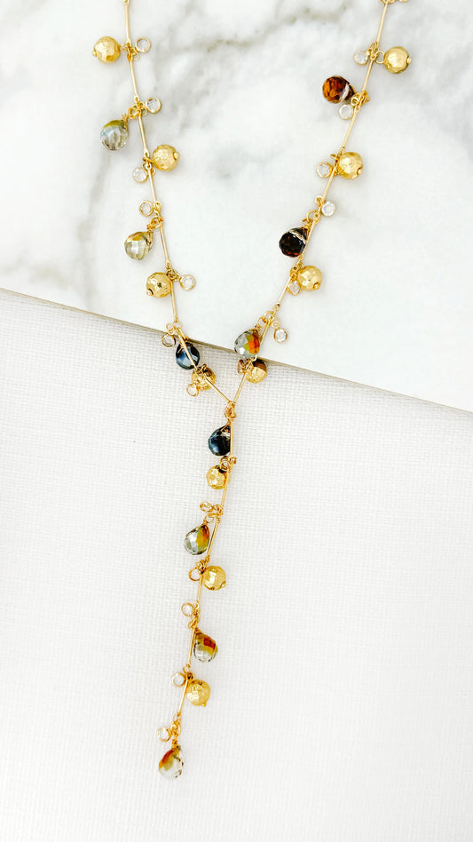 Envy Long Gold and Faceted Crystal Bead Lariat Necklace