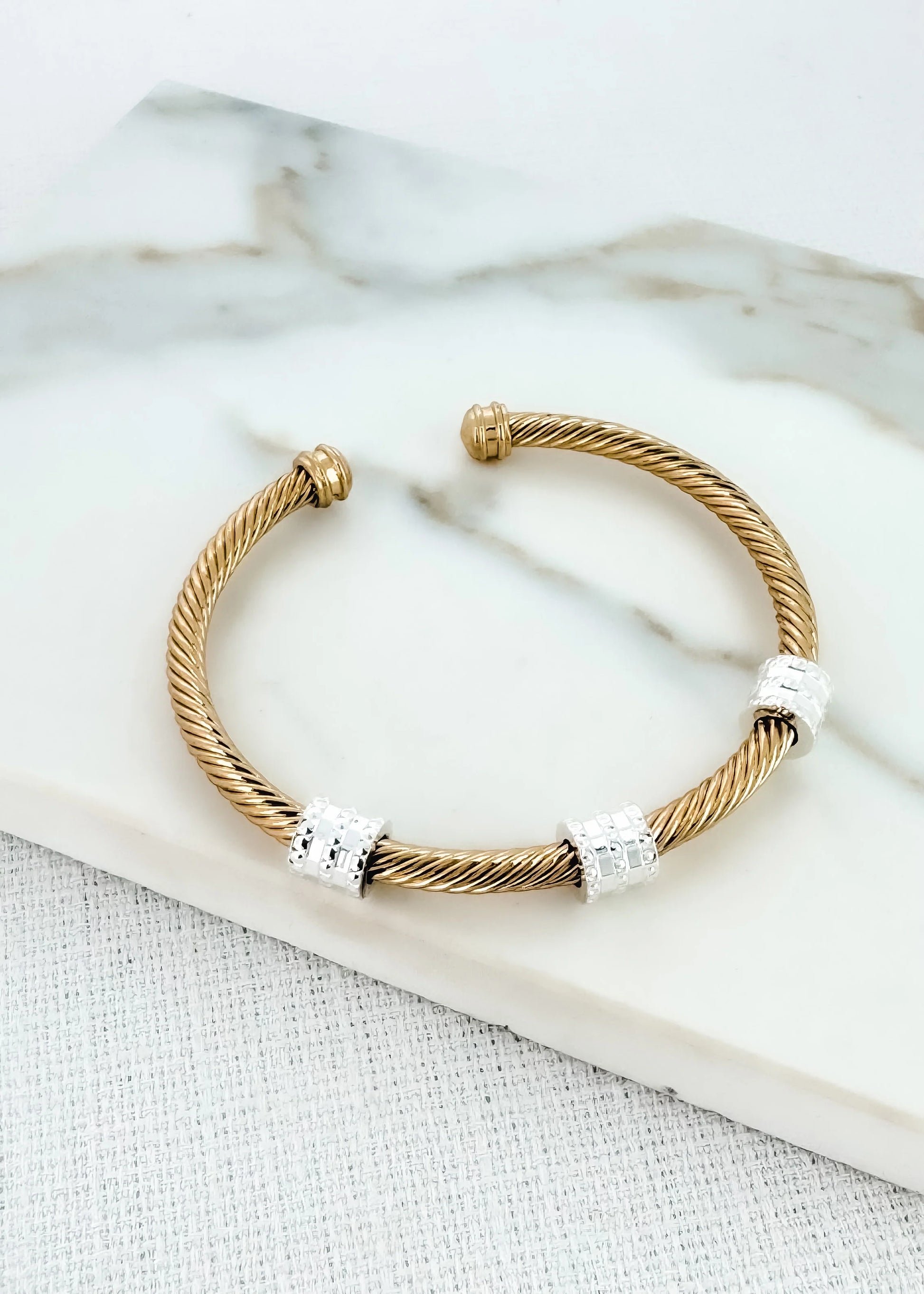 Envy Textured Gold bangle with Silver Barrel Detail