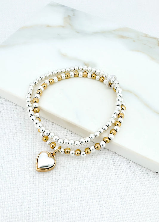 Envy Two Tone Stretch Bracelet with Chunky Heart Charm