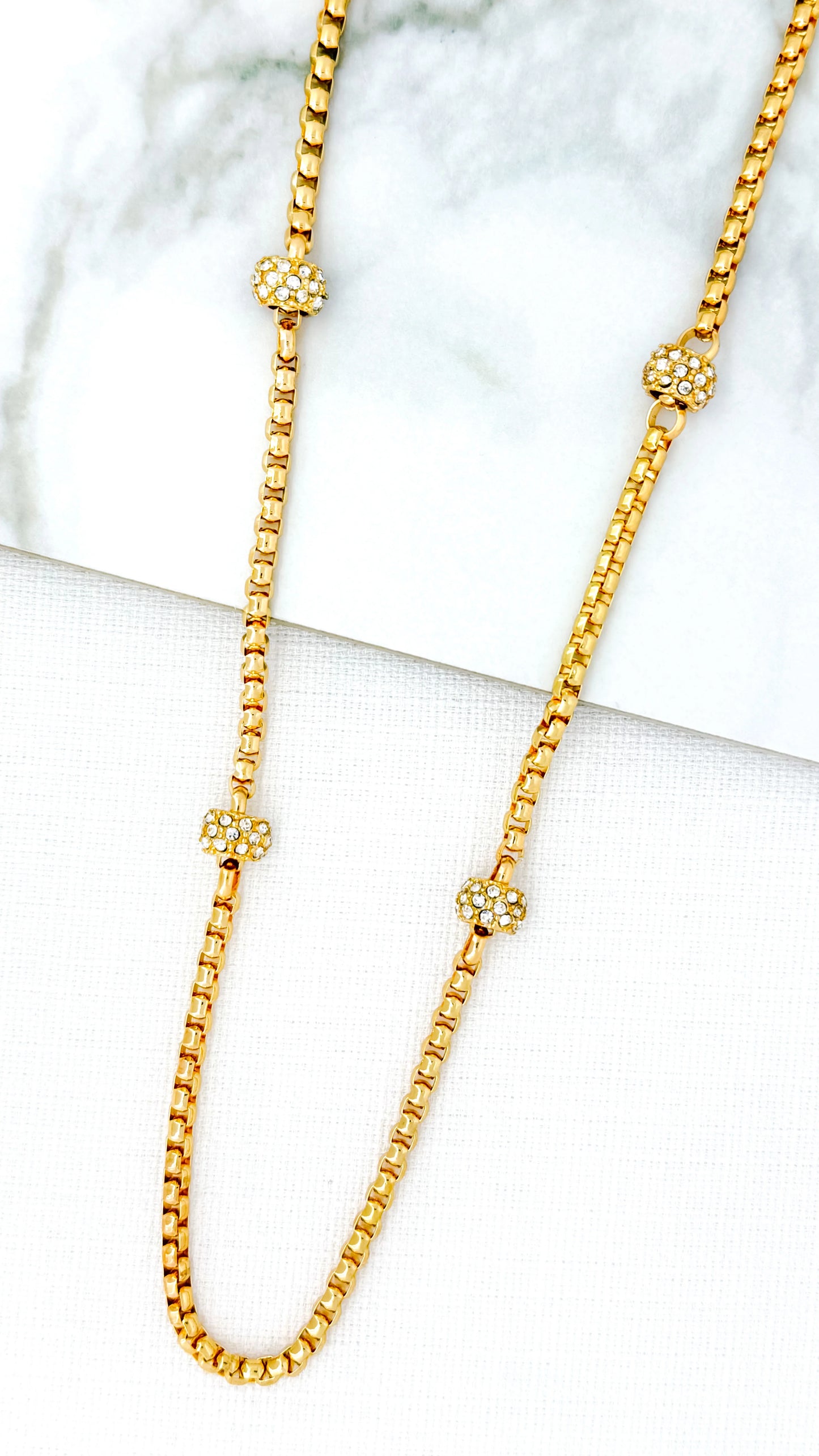 Envy Long Gold Box Chain Necklace with Diamante Details