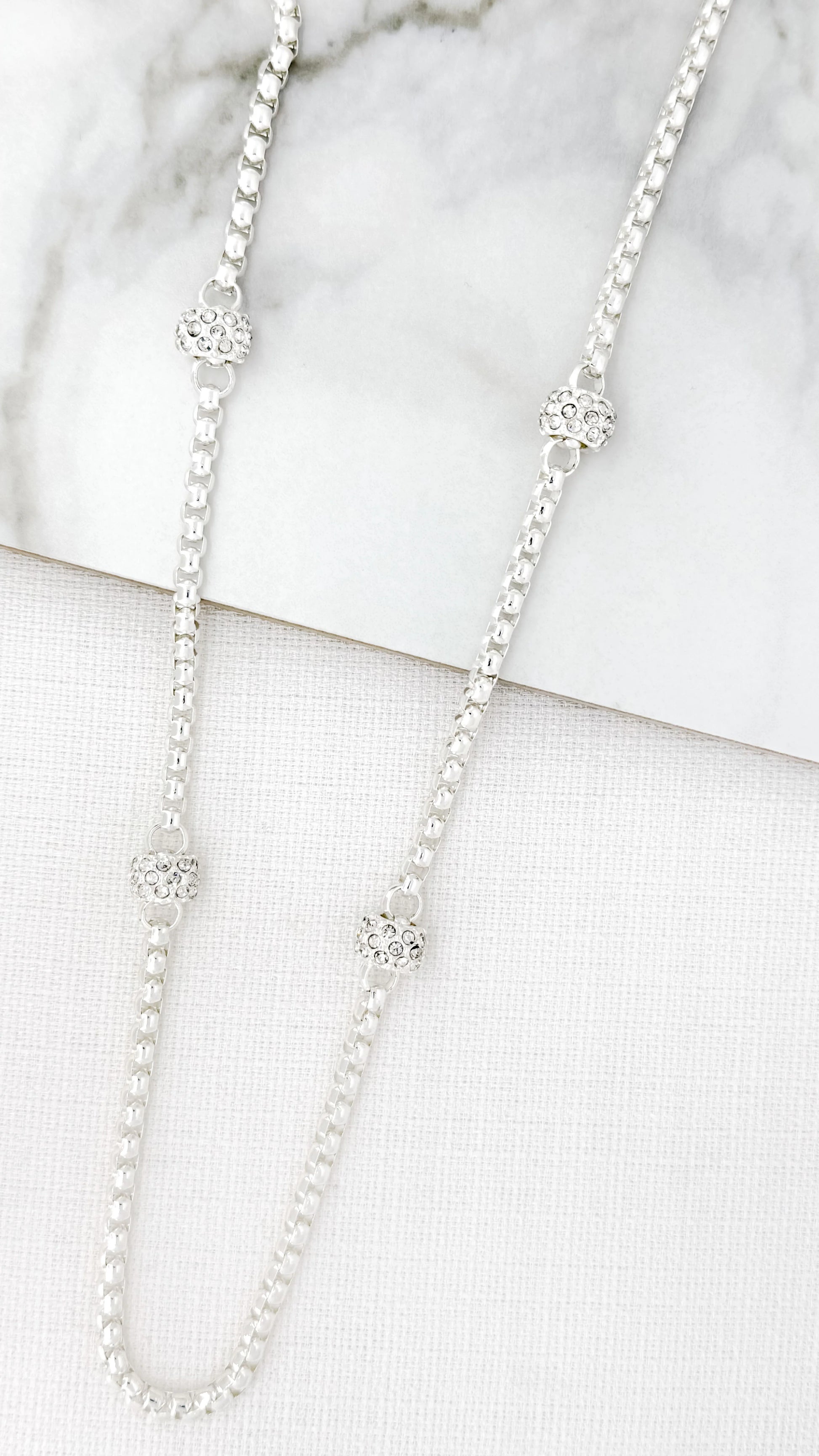 Envy Long Silver Box Chain Necklace with Diamante Details