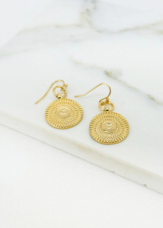 Envy Gold Textured Circle Dropper Earrings