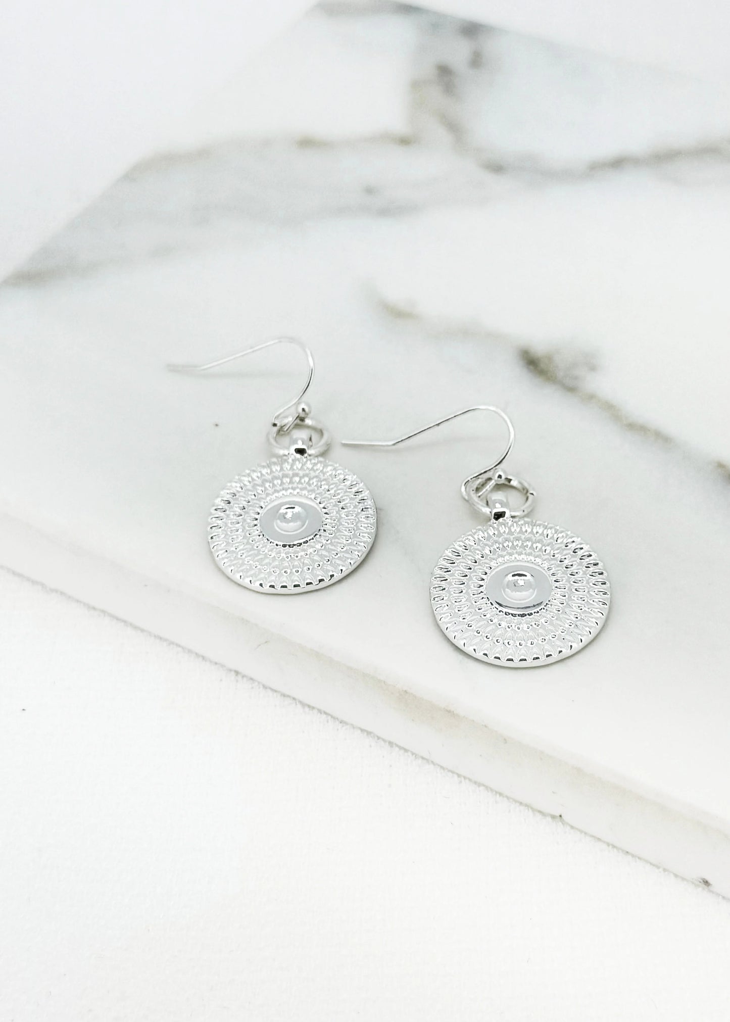 Envy Silver Textured Circle Dropper Earrings