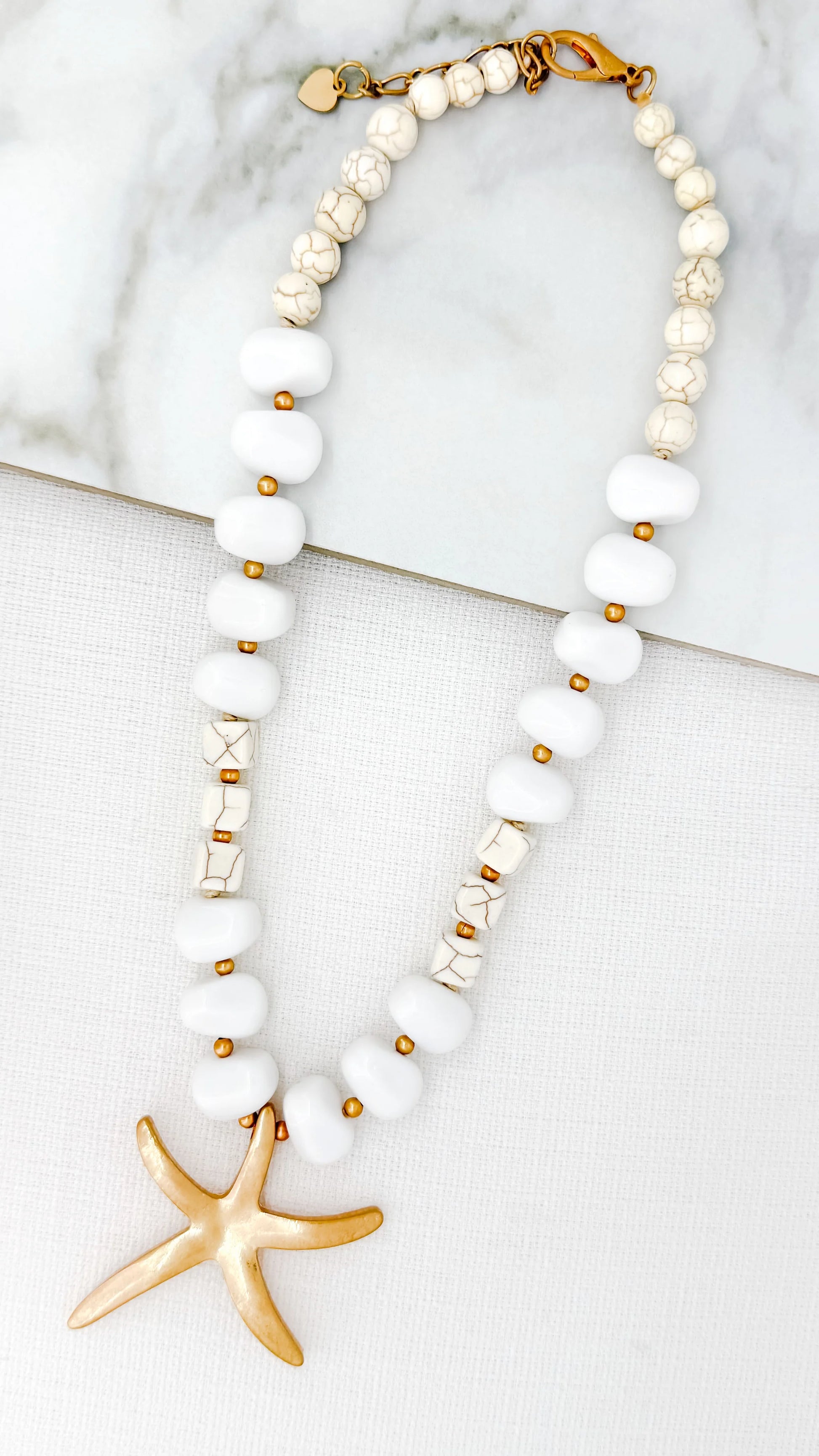 Envy Short White Bead Necklace with Gold Starfish Pendant