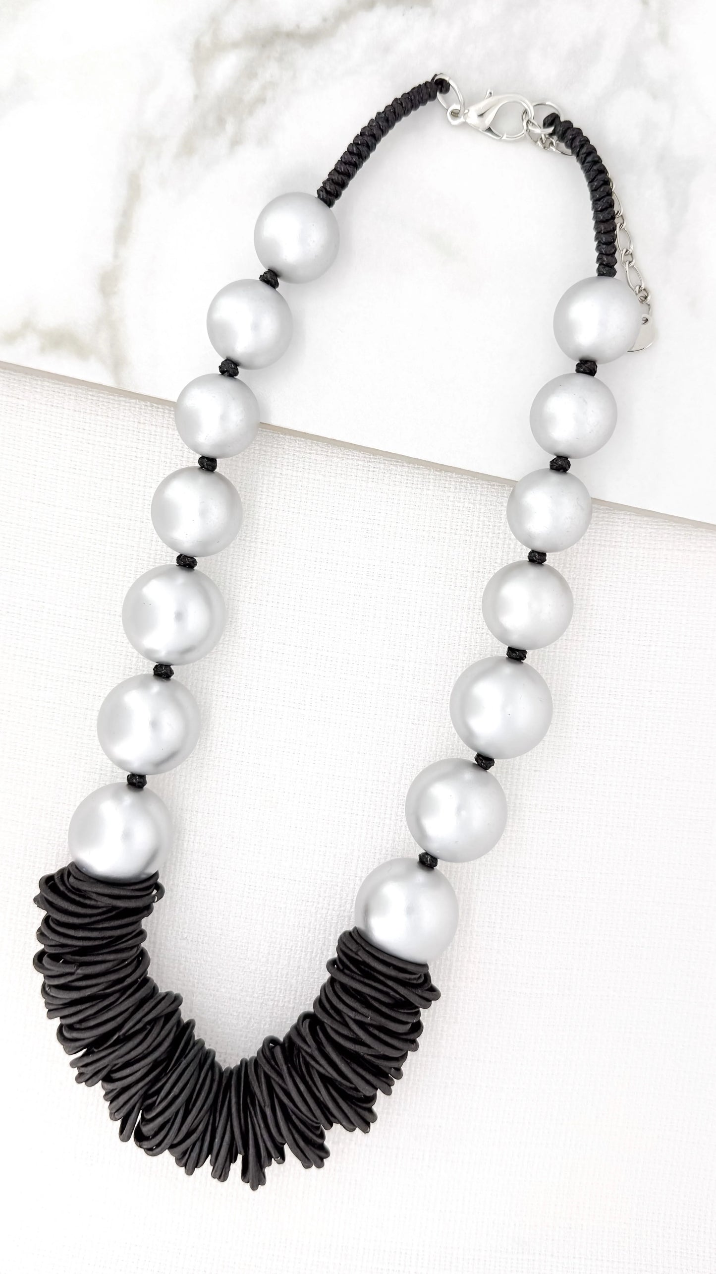 Envy Short Black Cord Necklace with Silver Balls and Black Loop Design