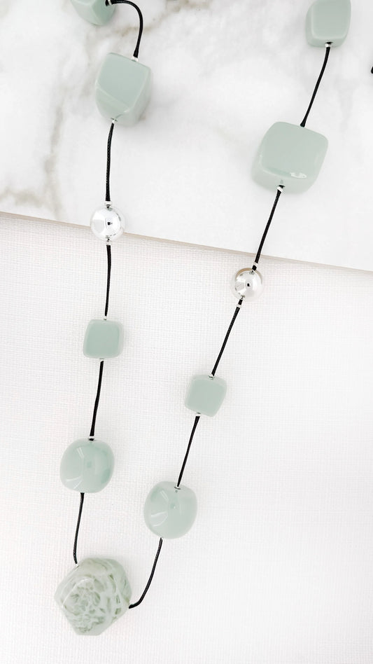 Envy Long Black Cord Necklace with Silver and Green Resin Beads