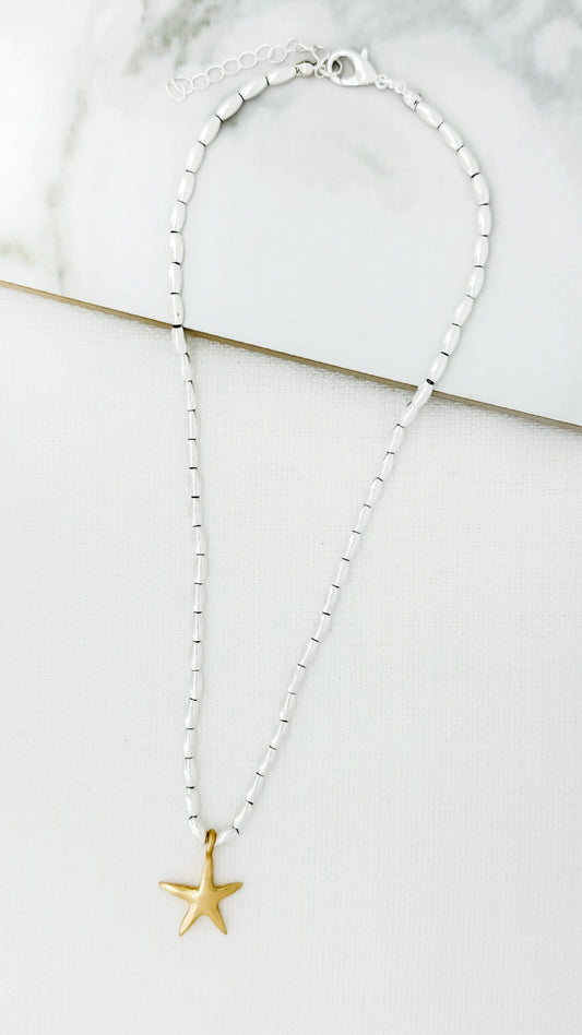 Envy Short Worn Silver Necklace with Gold Star Charm