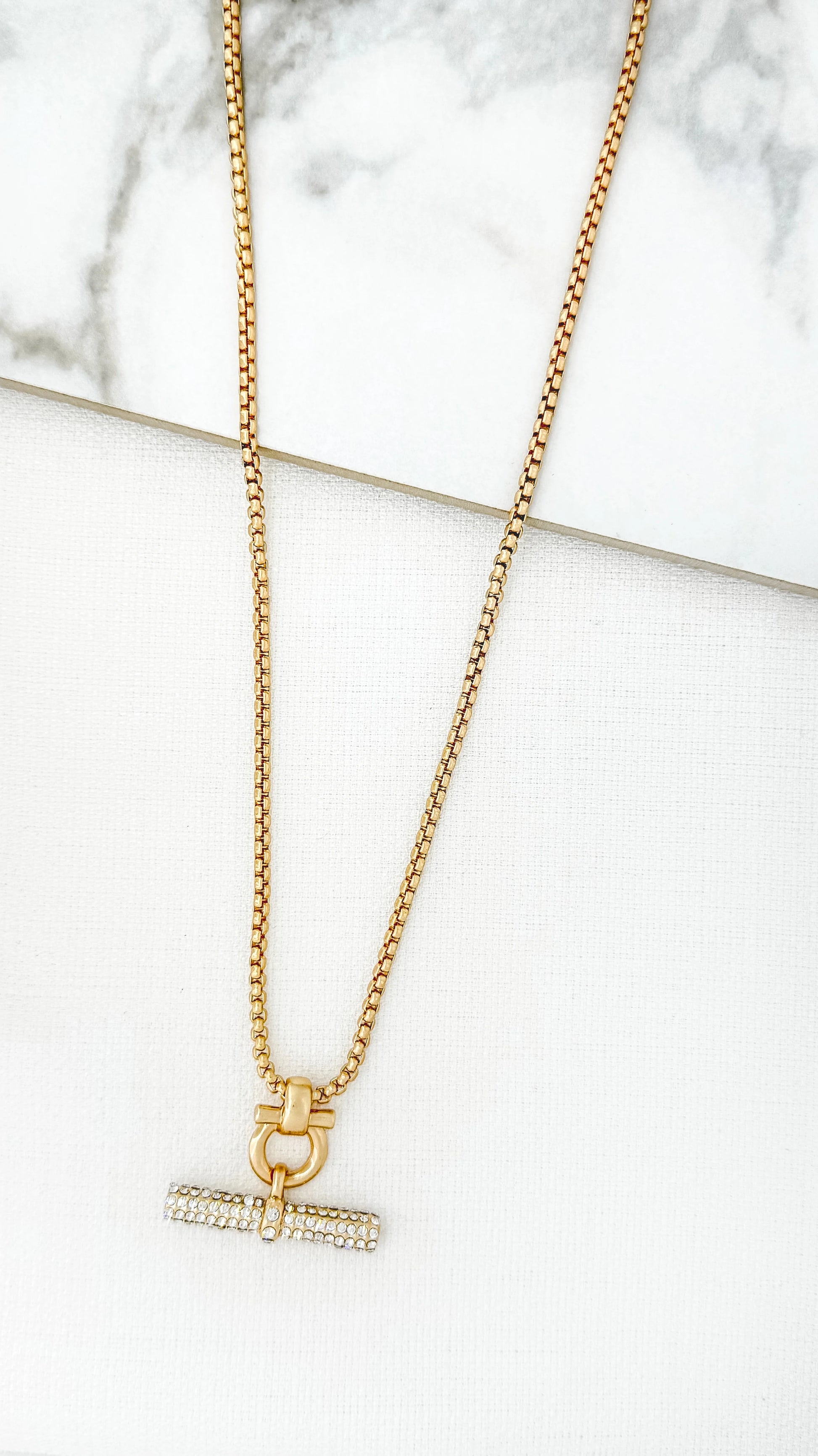 Envy Long Gold Chain with Diamante T-bar Pendant