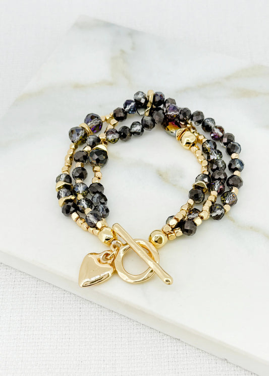 Envy Gold & Smoky Grey Faceted Bead Layer Bracelet with T-bar Clasp