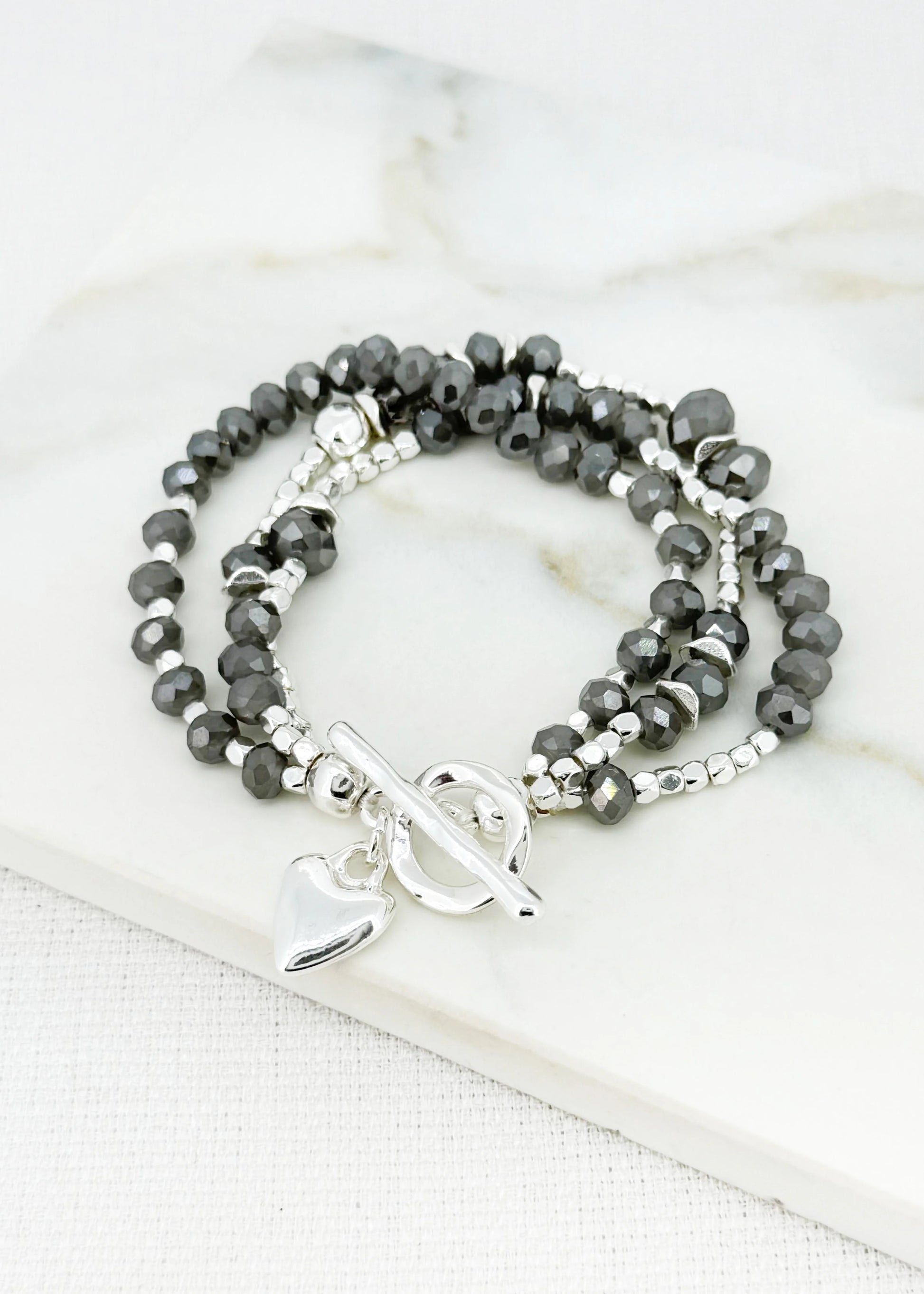 Envy Silver & Grey Faceted Bead Layer Bracelet with T-bar Clasp