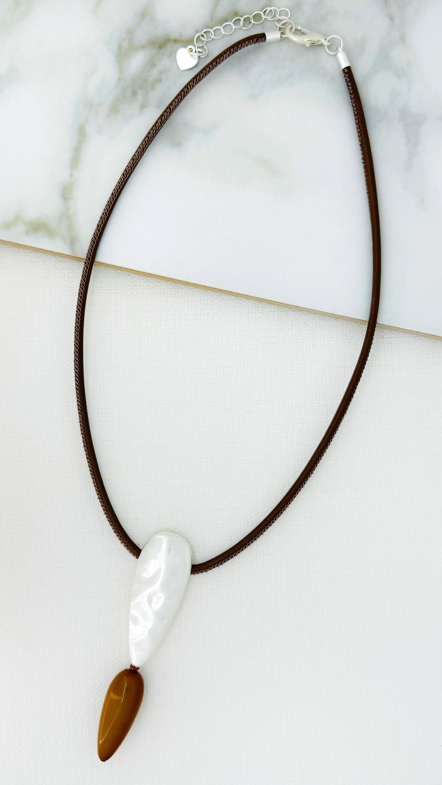 Envy Short Taupe Cord Necklace with a Battered Silver & Resin Pendant