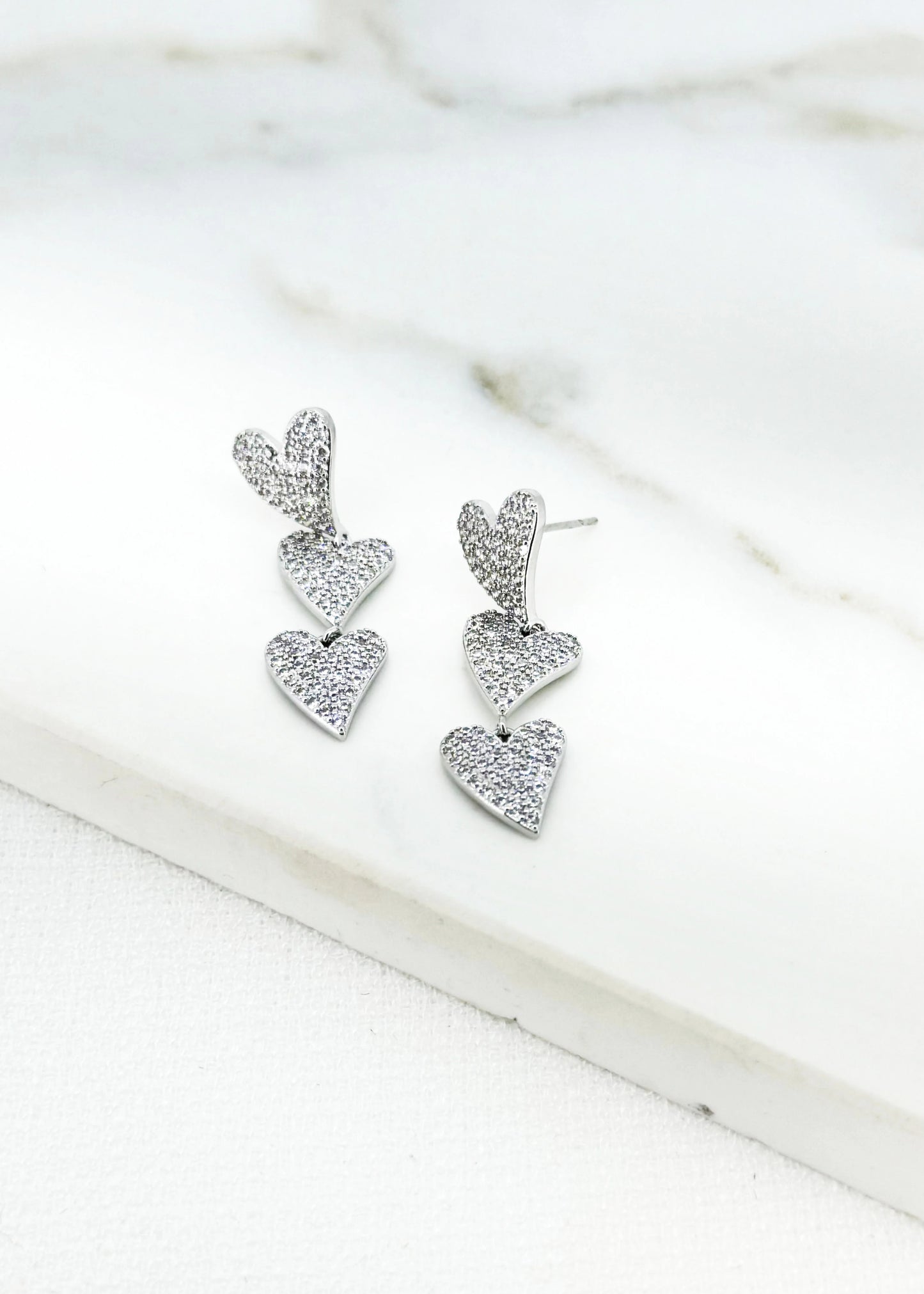 Envy Silver Diamante Triple Heart Earrings