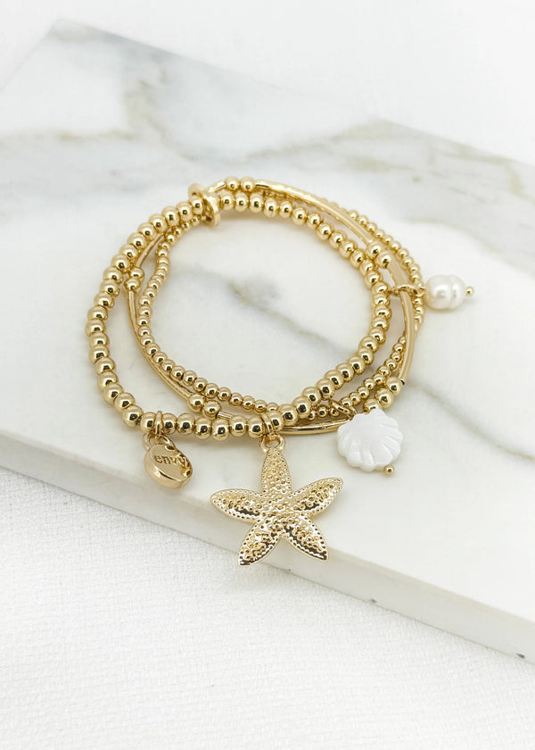 Gold Triple Layered Stretch Bracelet with Starfish & Pearl Charms