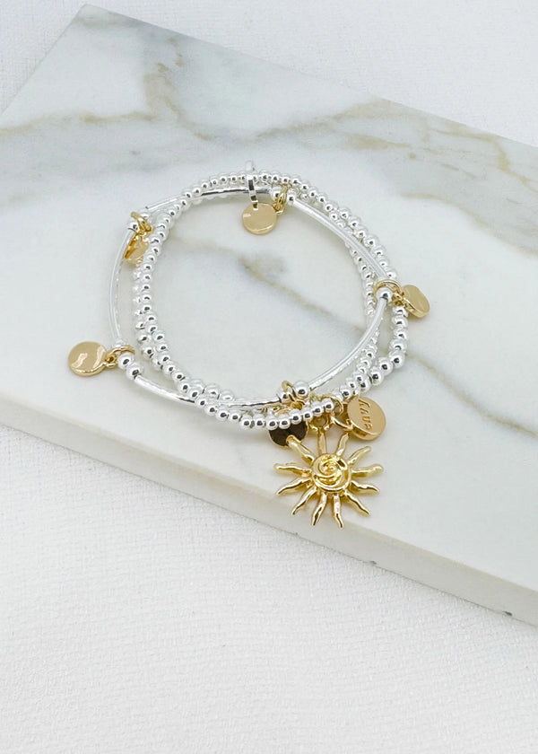Silver Triple Layered Stretch Bracelet with Gold Starburst Charm