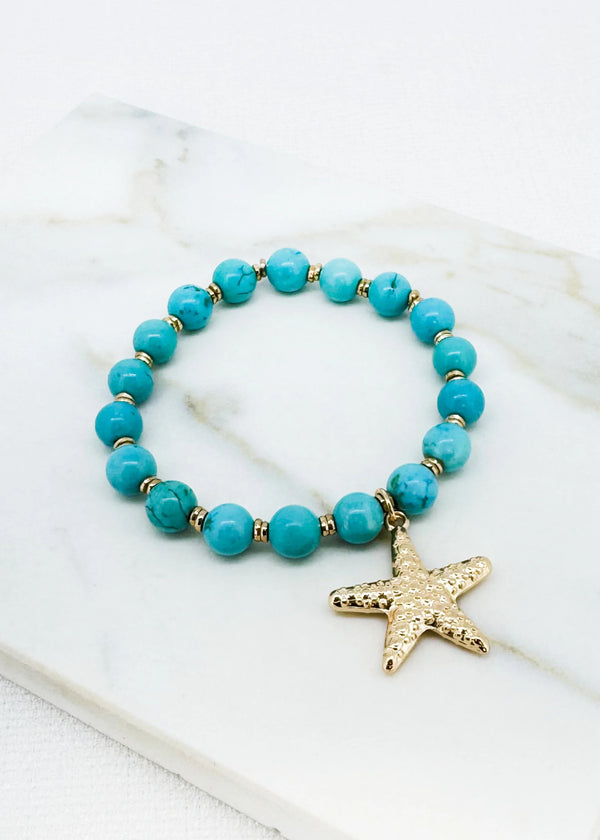 Turquoise Bead Stretch Bracelet with Gold Starfish Charm