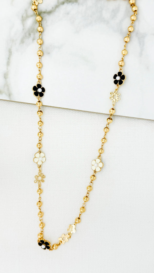 Envy Long Gold Ball Chain Necklace with Black & White Daisies