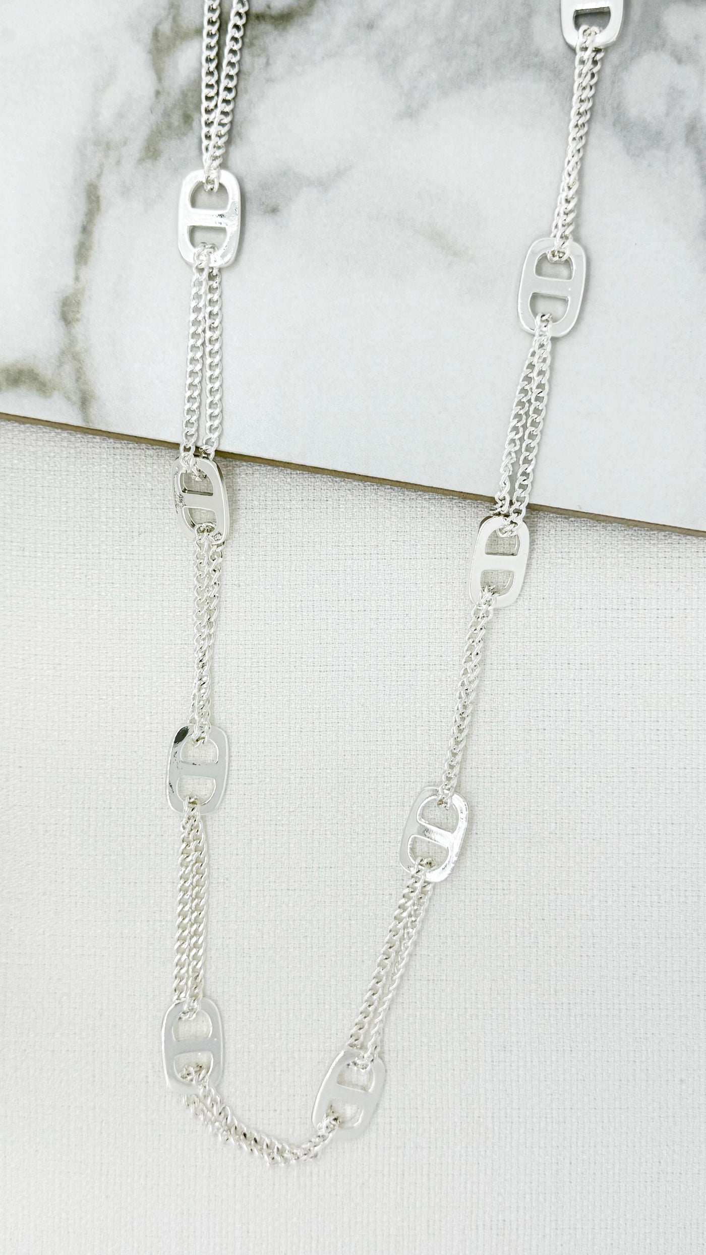 Envy Long Silver Double Layer Chain Necklace with Link Design – The Tog ...