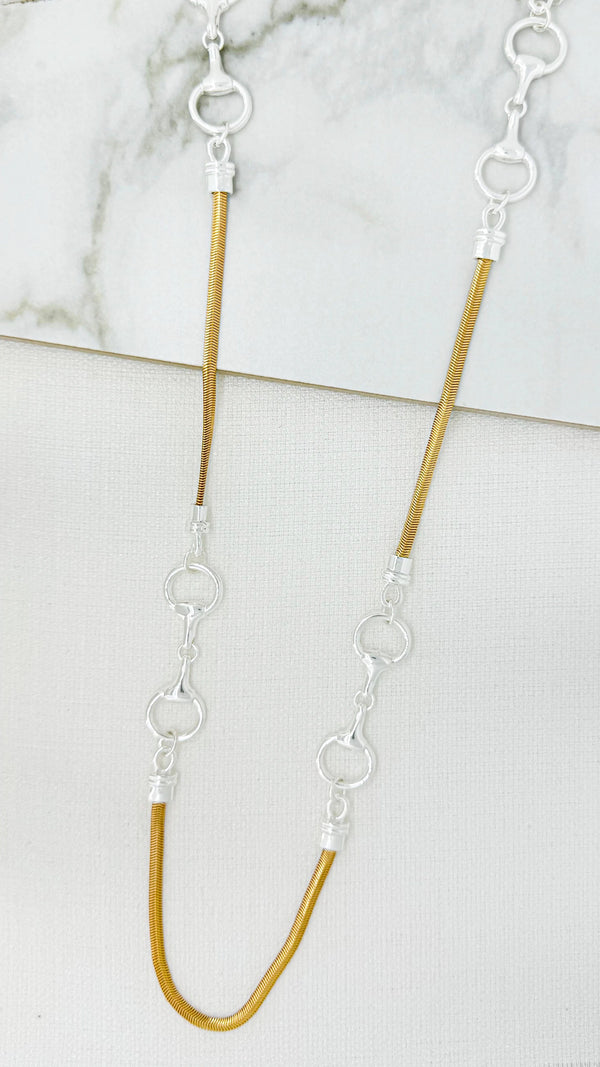 Envy Long Gold Snake Chain Necklace with Silver Soft Bit Design 