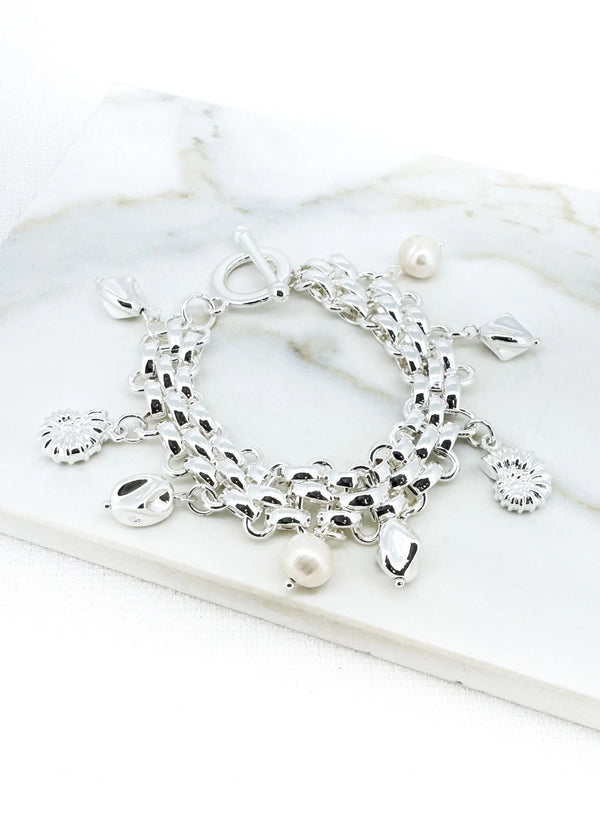 Envy Flat Silver Chain T-bar Bracelet with Pearl & Gold Shell Charms