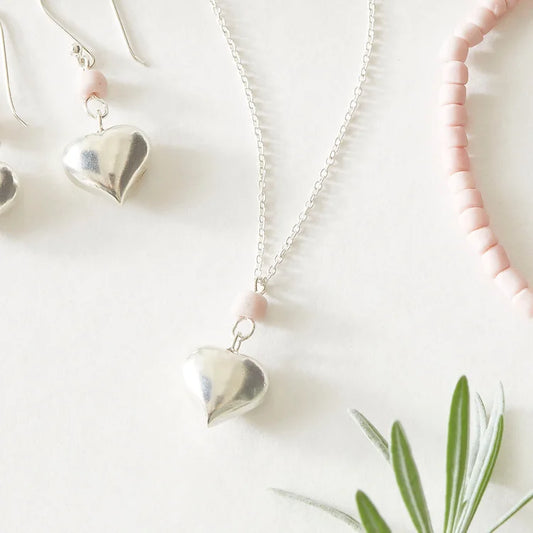 Silver Heart Pendant necklace with pink glass bead