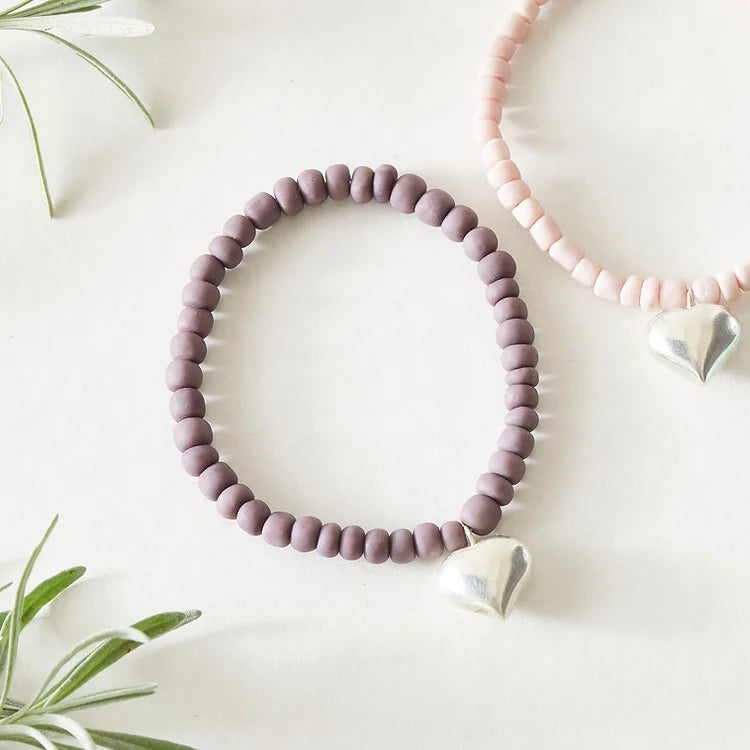 Silver \heart Stretch Bracelet with purple glass beads