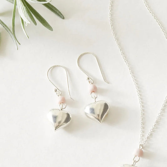 Silver heart drop earrings with pink glass bead