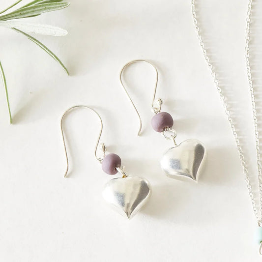 Sterling silver heart drop earrings with purple bead