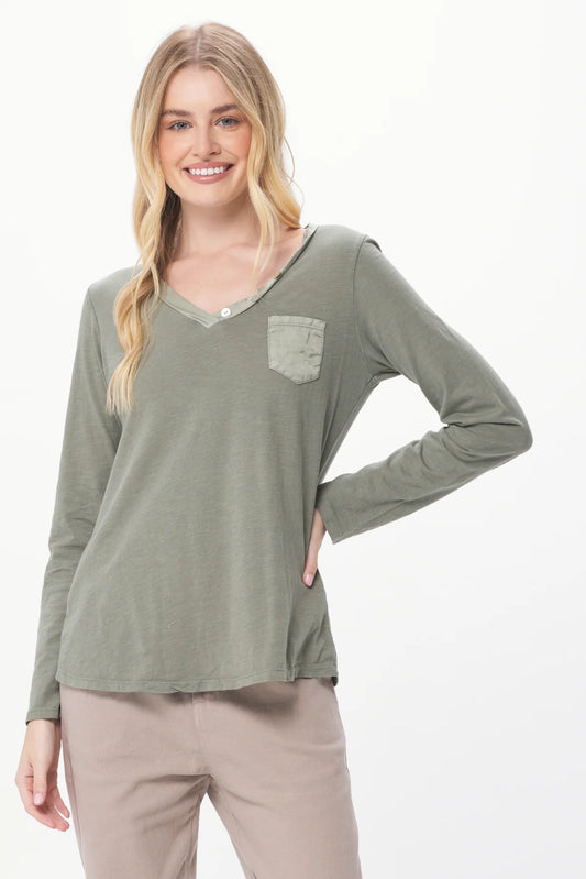 Suzy D Blair Long Sleeve Top with Button Detail in Light Olive