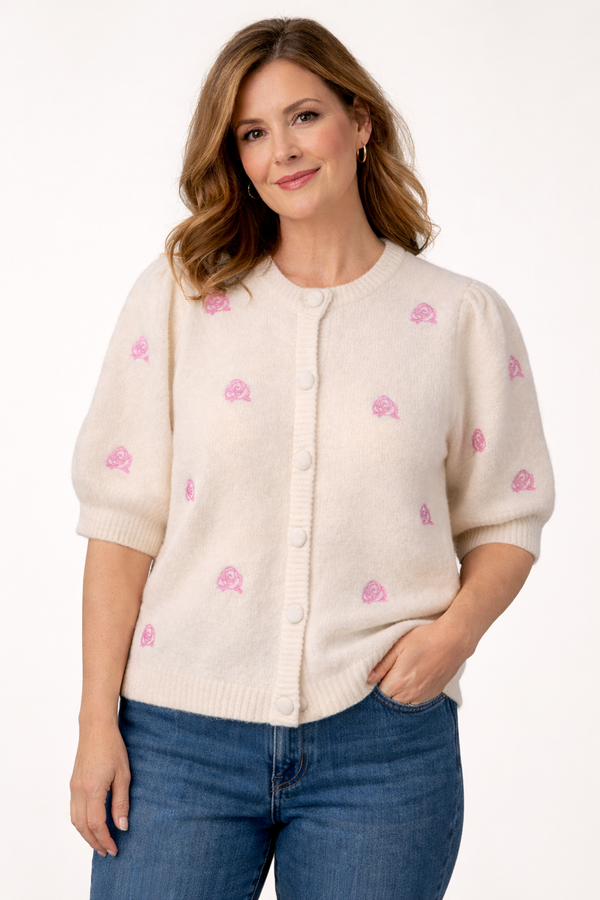 YASAnne Short Sleeve Embroidery Knit Cardigan | Birch/Begonia