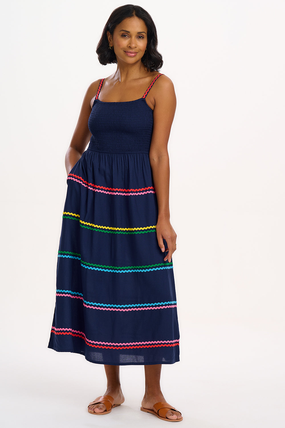 Penrose Shirred Sundress | Navy Rainbow Ric Rac