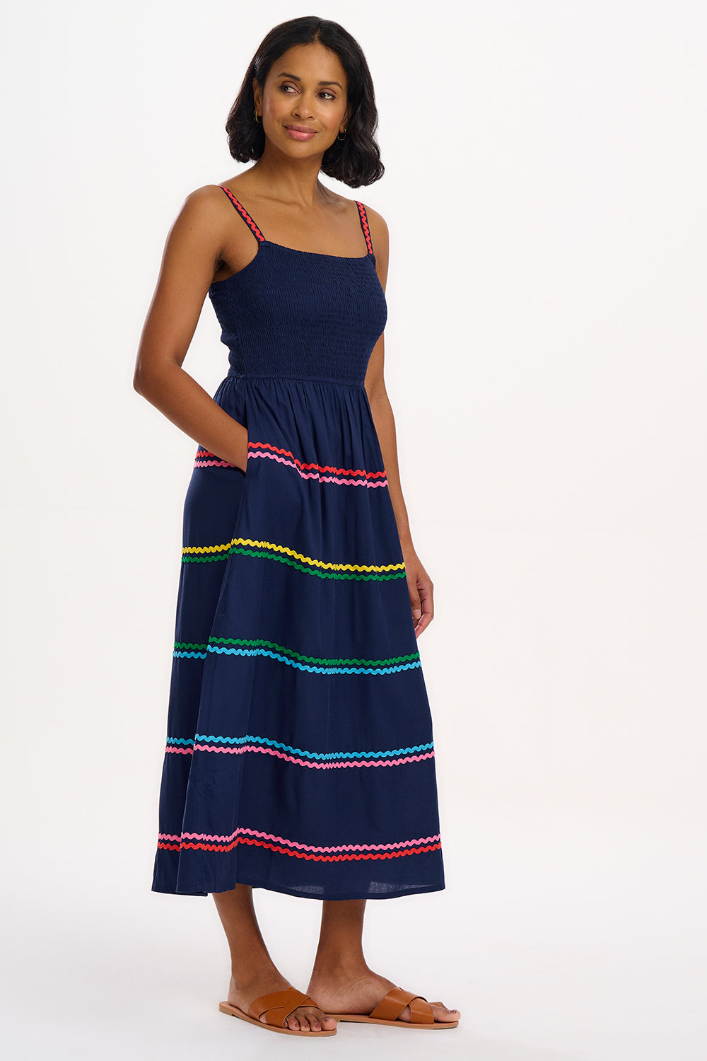 Penrose Shirred Sundress | Navy Rainbow Ric Rac