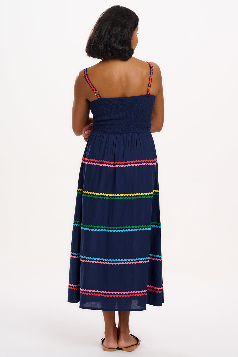 Penrose Shirred Sundress | Navy Rainbow Ric Rac