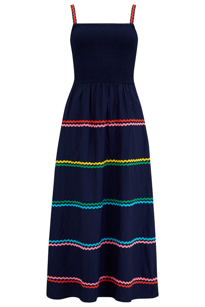 Sugarhill Penrose Shirred Sundress | Navy Rainbow Ric Rac