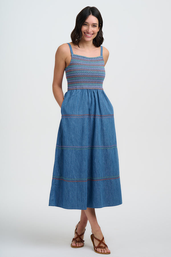 Sugarhill Brighton Murren Shirred Midi Dress | Washed Blue Denim