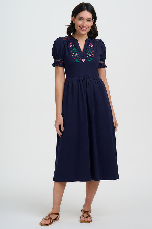 Sugarhill Brighton Esme Jersey Midi Dress | Tropic Palm Embroidery