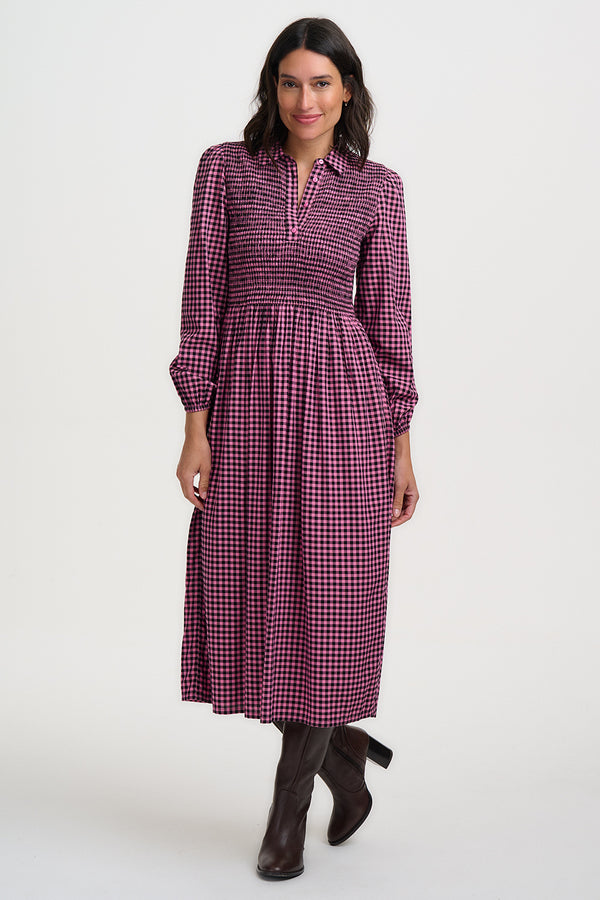 Sugarhill Brighton Diana Shirred Midi Dress | Rose Micro Gingham