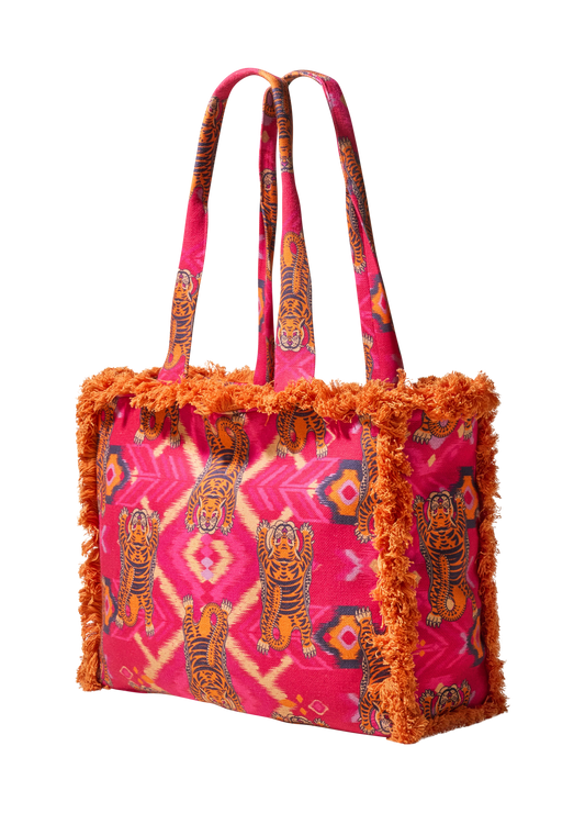 Fringed Box Tote Bag | Ikat Tiger Fuchsia