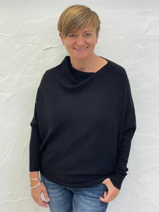 Black Asymmetric Draped Soft Knit Jumper 