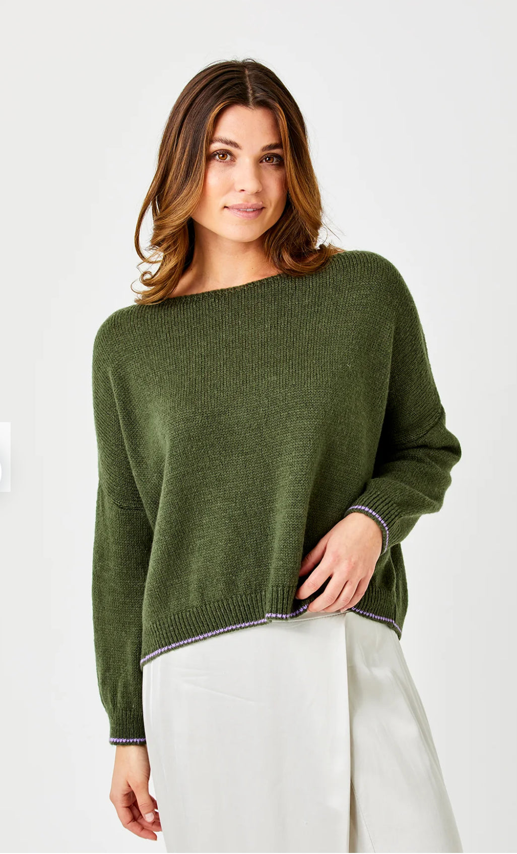 Lauretta Fluffy Oversize Contrast Trim Knit | Army