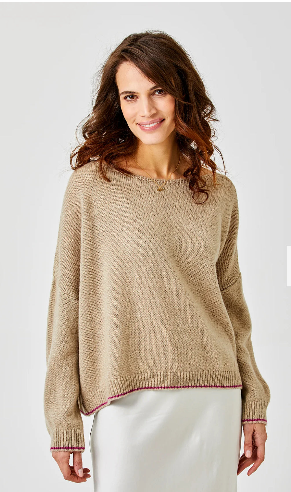 Lauretta Fluffy Oversize Contrast Trim Knit | Beige