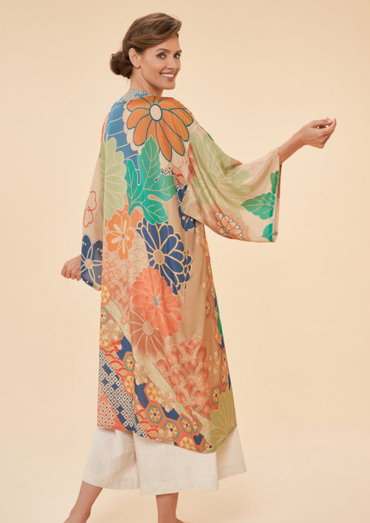 Powder 70s Kaleidoscope Floral Kimono Gown in Coconut
