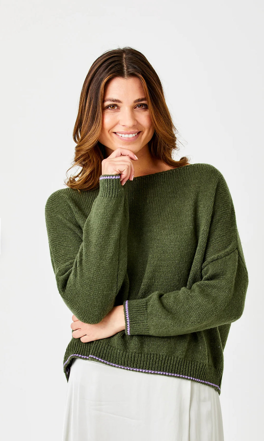 Lauretta Fluffy Oversize Contrast Trim Knit | Army
