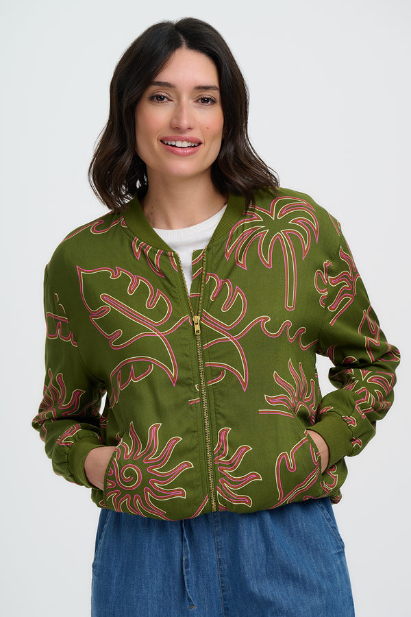 Sugarhill Brighton Bobbi Bomber Jacket | Khaki, Tropical Line Drawing