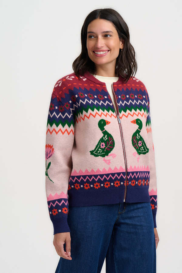 Sugarhill Brighton Solana Knitted Bomber Jacket | Navy Ducks Intarsia