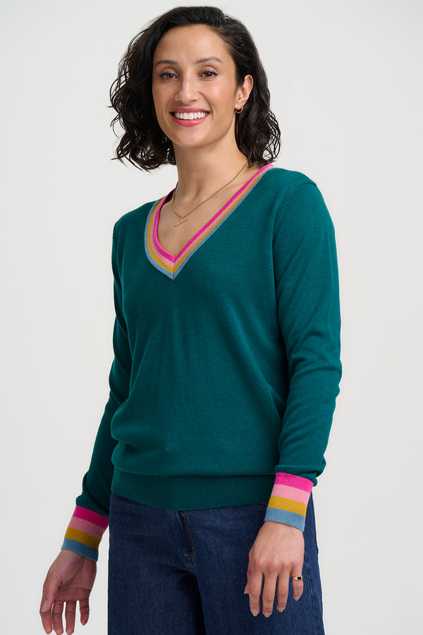Doris V-Neck Jumper | Teal/Rainbow Stripe